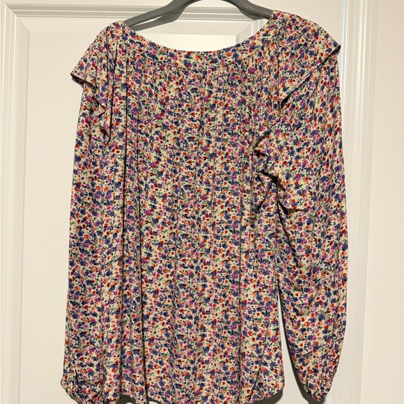 Aura Floral Long-Sleeve Blouse in Cream with Purple, Green & Orange Flower Print - Picture 2 of 2